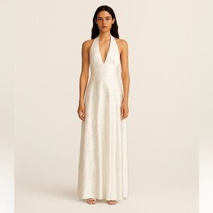 BCBG Max Azria Off White Satin Halter Tiered Maxi Gown Dress Size 8